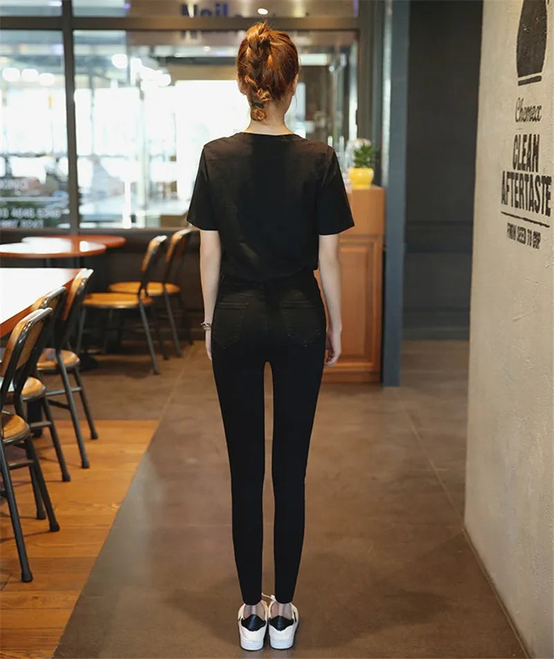 2022 New Women Black Jeans High Waist Jeans Fashion Stretch Jeans Female Washed Denim Skinny Cowboy Pencil Pants R246