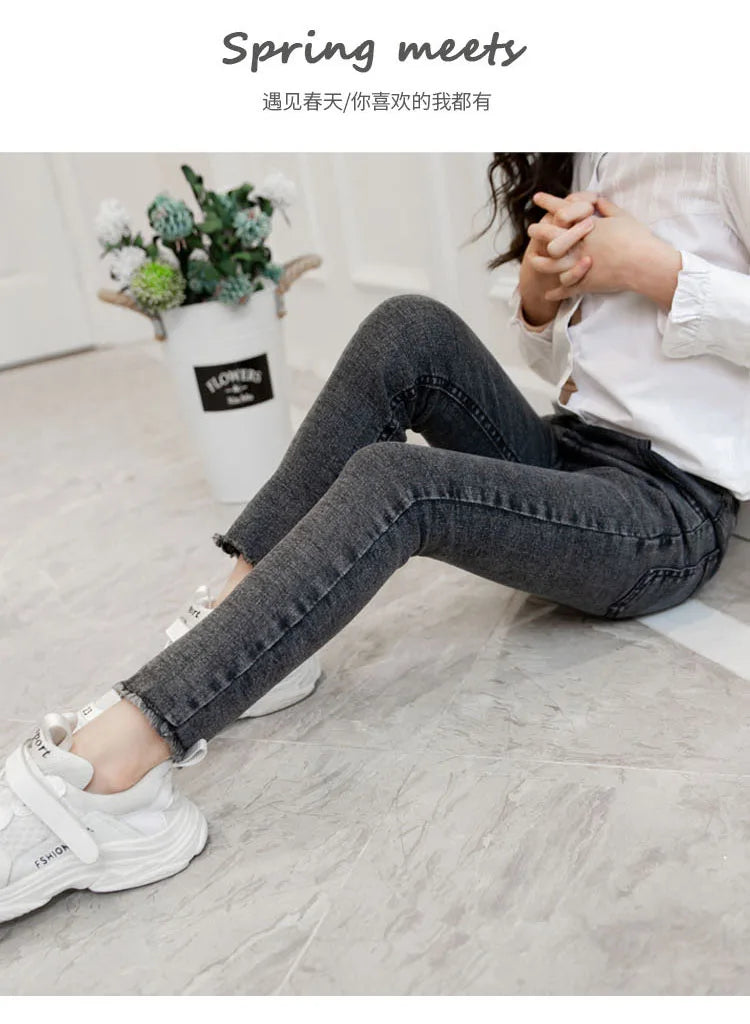 Girls Leggings new 2023 autumn kids girl jeans blue black elastic skinny children pencil pants for 4 to 13 years denim trousers