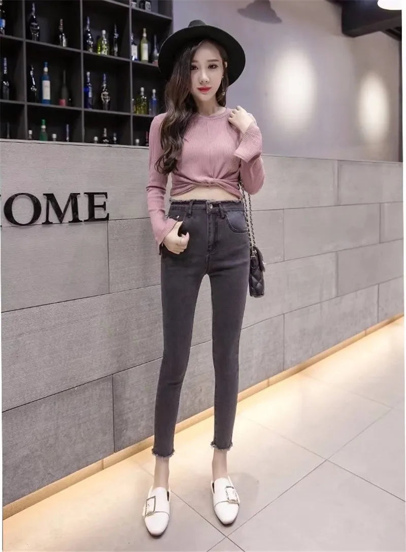 2022 New Women Black Jeans High Waist Jeans Fashion Stretch Jeans Female Washed Denim Skinny Cowboy Pencil Pants R246
