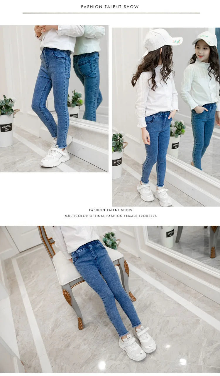 Girls Leggings new 2023 autumn kids girl jeans blue black elastic skinny children pencil pants for 4 to 13 years denim trousers