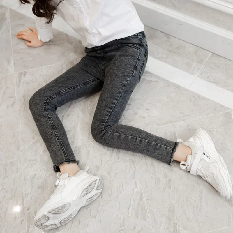 Girls Leggings new 2023 autumn kids girl jeans blue black elastic skinny children pencil pants for 4 to 13 years denim trousers