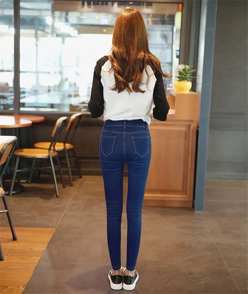 2022 New Women Black Jeans High Waist Jeans Fashion Stretch Jeans Female Washed Denim Skinny Cowboy Pencil Pants R246