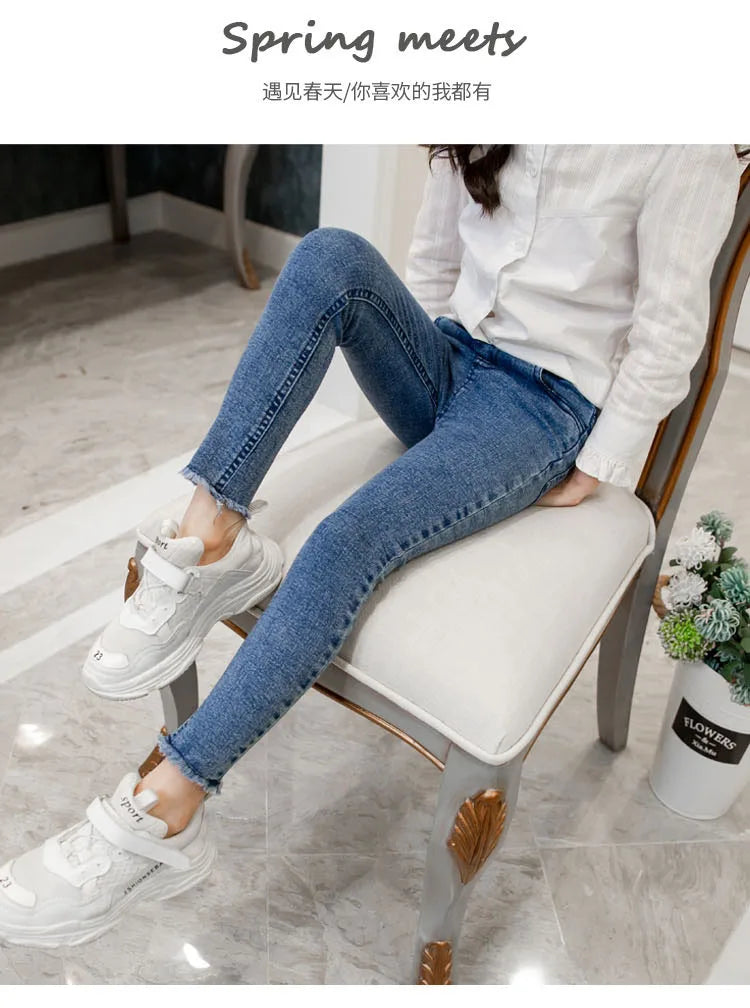 Girls Leggings new 2023 autumn kids girl jeans blue black elastic skinny children pencil pants for 4 to 13 years denim trousers
