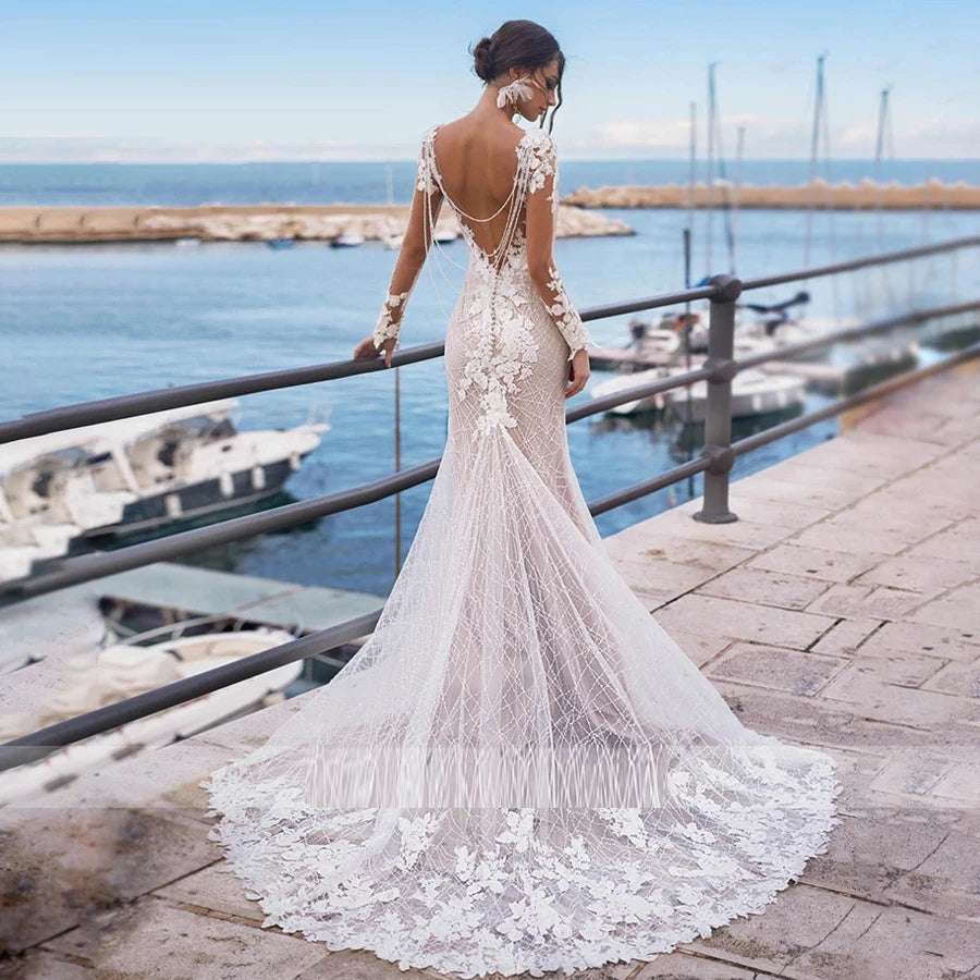 Mermaid Wedding Dresses Appliques Beads Chain Backless