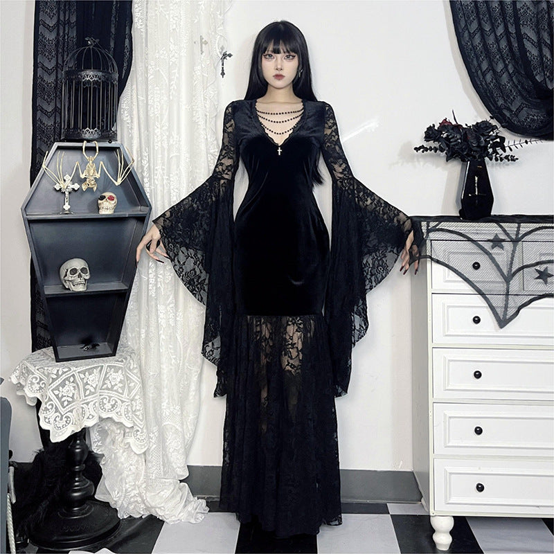Halloween Costume Women Batwing Sleeve Floor Dress Black Gothic Evil Terror