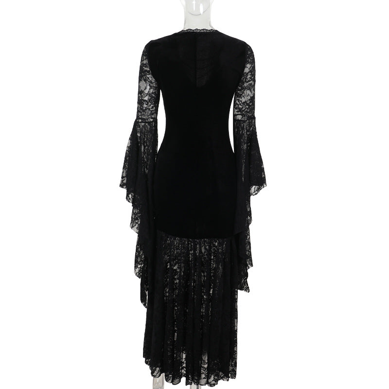 Halloween Costume Women Batwing Sleeve Floor Dress Black Gothic Evil Terror