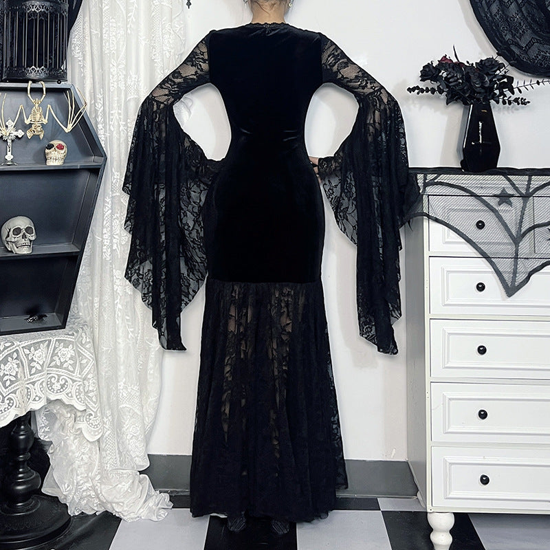Halloween Costume Women Batwing Sleeve Floor Dress Black Gothic Evil Terror
