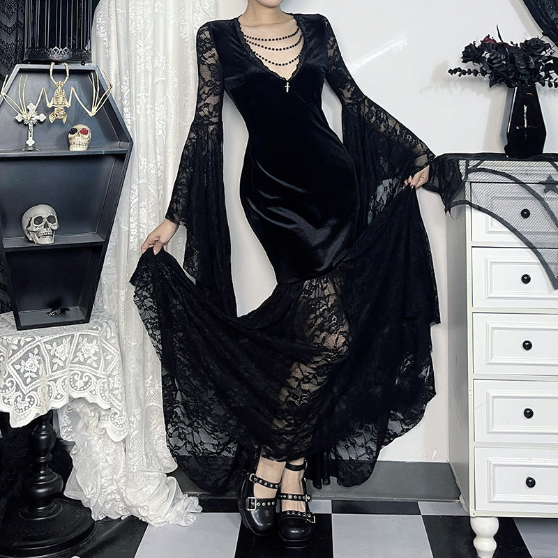 Halloween Costume Women Batwing Sleeve Floor Dress Black Gothic Evil Terror