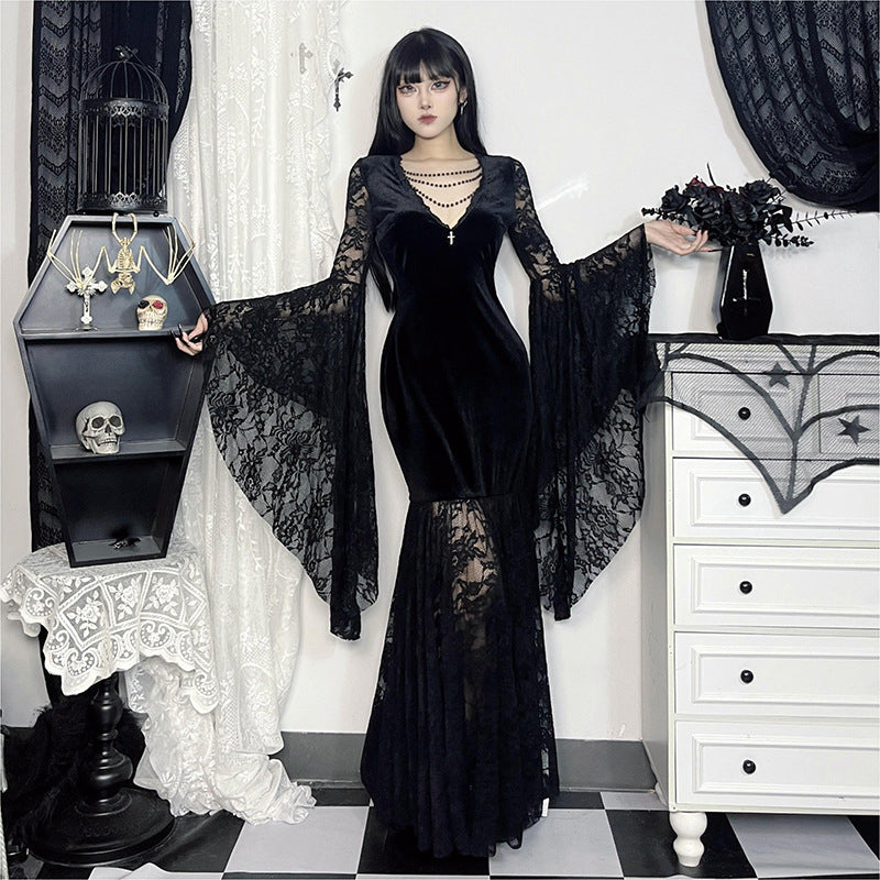 Halloween Costume Women Batwing Sleeve Floor Dress Black Gothic Evil Terror