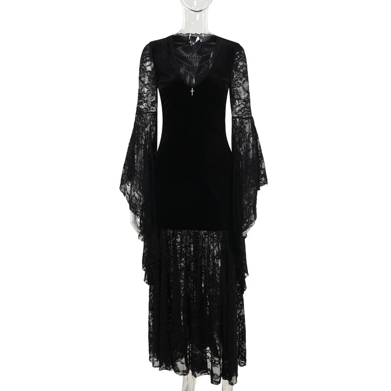 Halloween Costume Women Batwing Sleeve Floor Dress Black Gothic Evil Terror