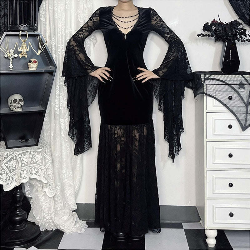 Halloween Costume Women Batwing Sleeve Floor Dress Black Gothic Evil Terror