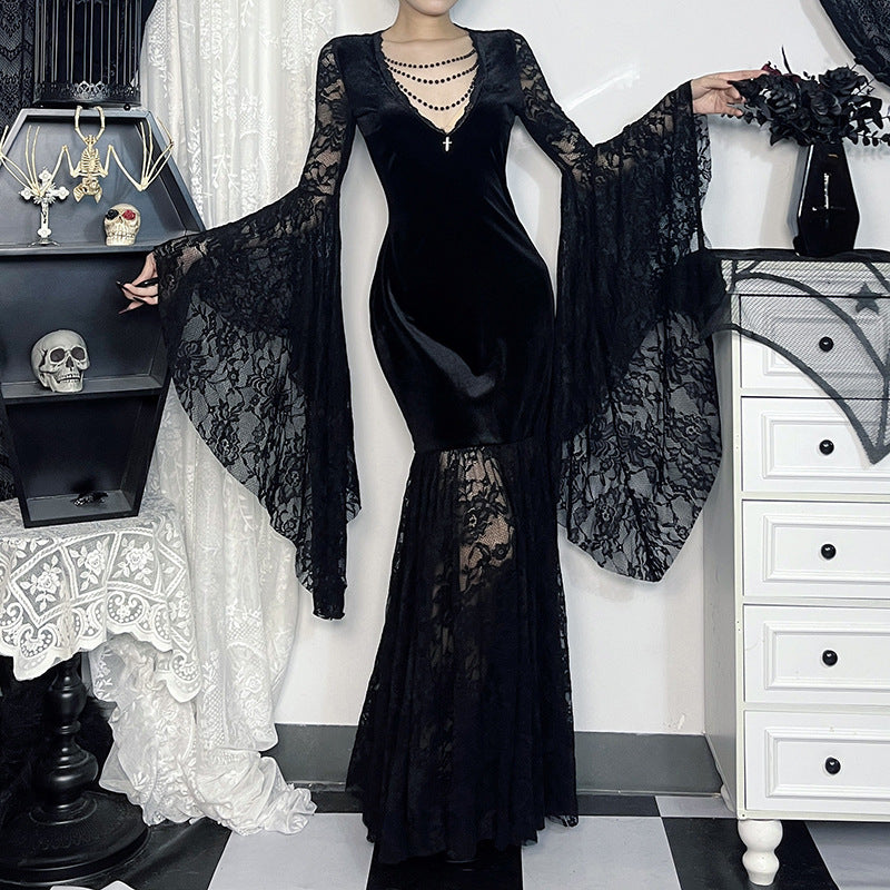 Halloween Costume Women Batwing Sleeve Floor Dress Black Gothic Evil Terror