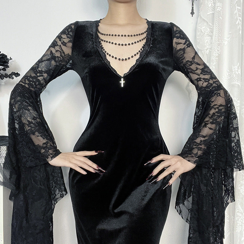 Halloween Costume Women Batwing Sleeve Floor Dress Black Gothic Evil Terror