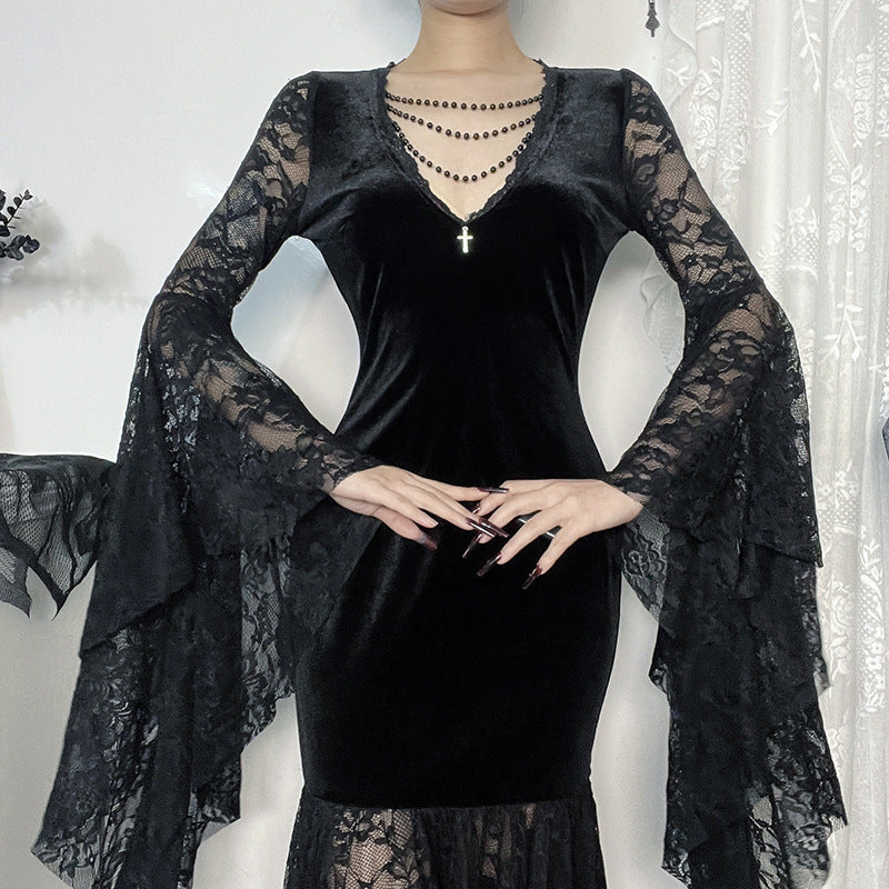 Halloween Costume Women Batwing Sleeve Floor Dress Black Gothic Evil Terror