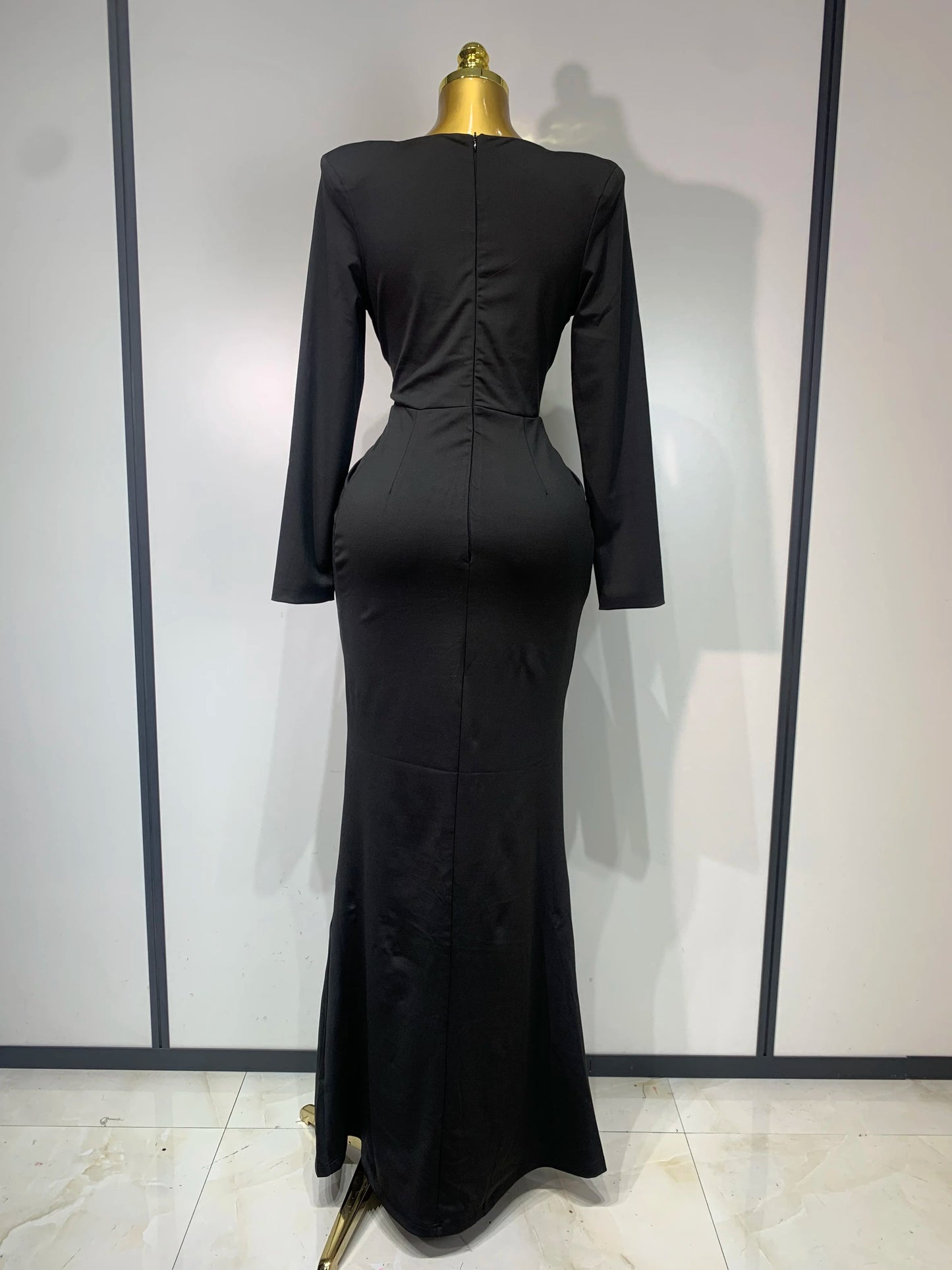 Long Sleeve Deep V-Neck Bodycon Long Dress