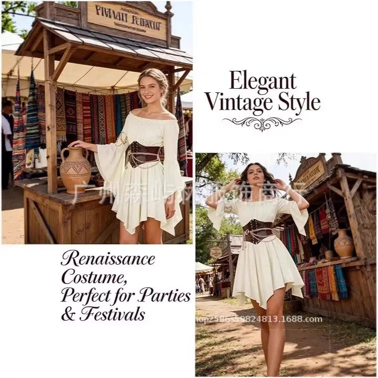 Women's Dress Suit Halloween Renaissance Medieval Pirate Dress Off-the-Shoulder Flared-Sleeve