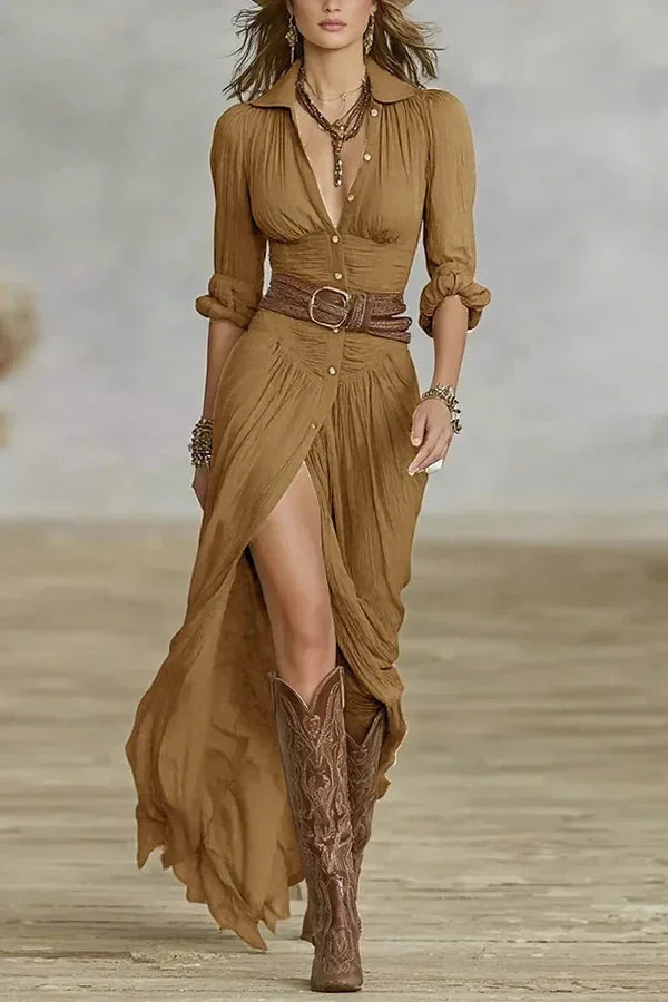 Women Western Boho White Shirt Maxi Dress Long Sleeve Button Down Ruched High Slit Flowy Dress Cowgirl Vintage Casual Party Robe