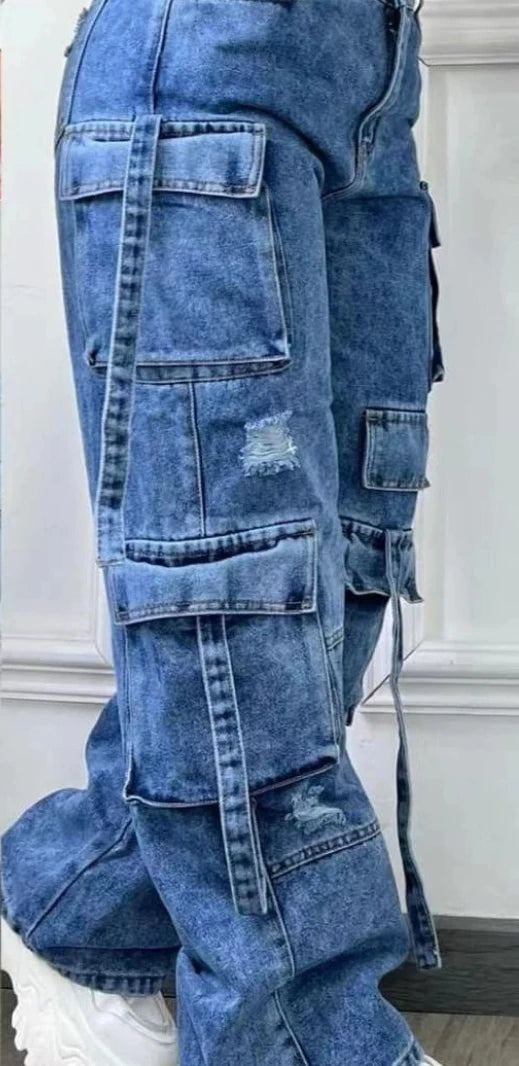 Plus Size Women's High Waist Cargo Denim