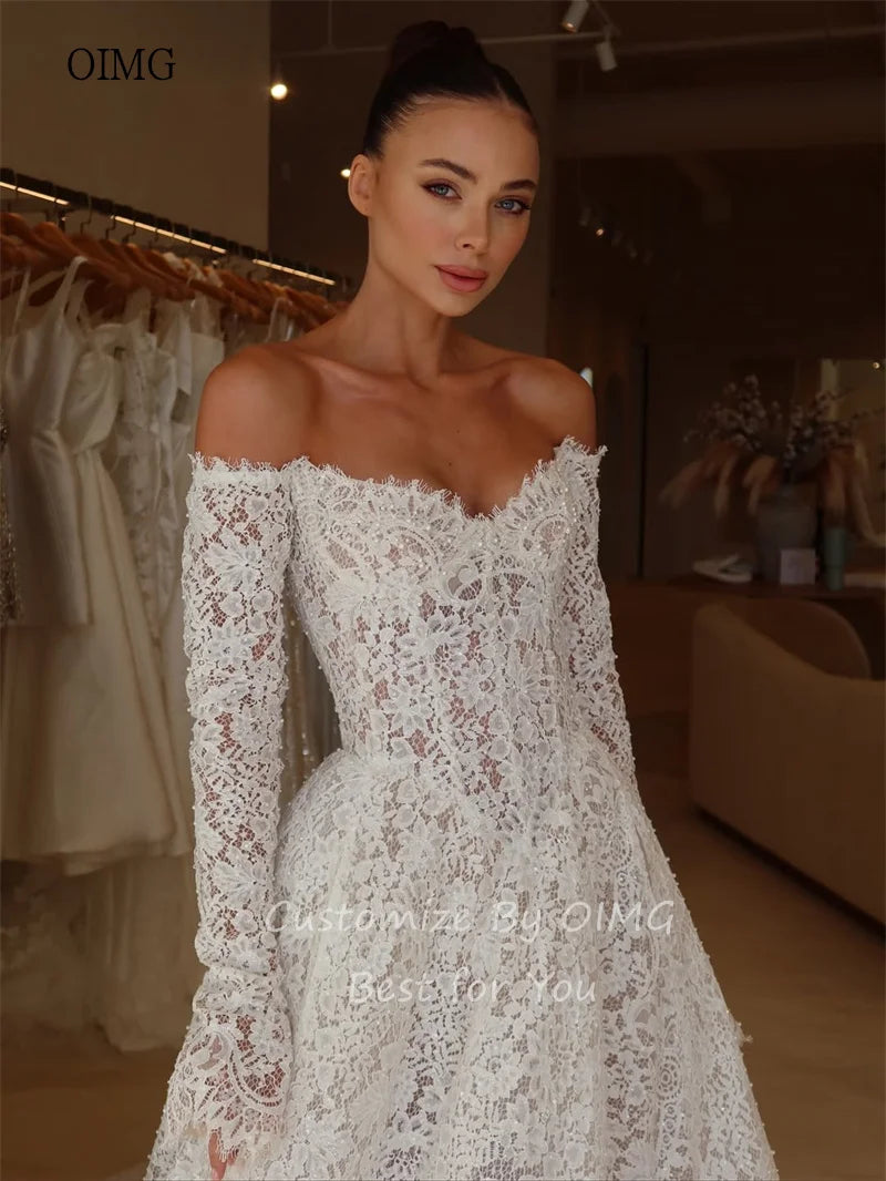 Lace Off The Shoulder A Line Wedding Dress Backless
