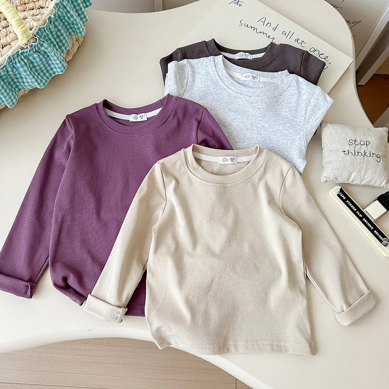 6 Colors Autumn Long Sleeve Tees Children's T-shirt Cotton Solid Color Base Coat Leisure Wear Boys Girls Tops Kids Clothes