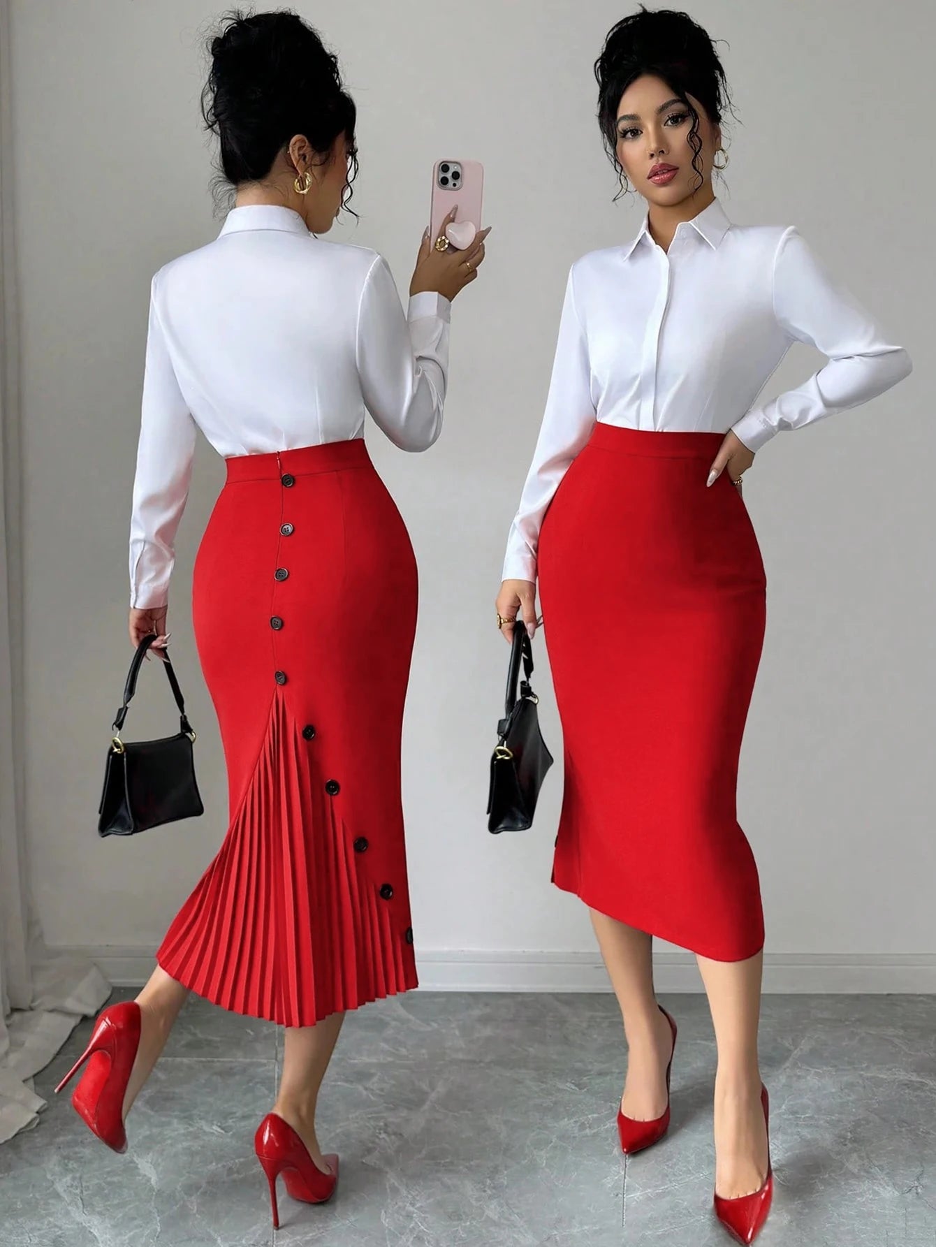 Elegant Ladies Half-Pressed Pleat Decorative Button Skirt Fashionable Women's Mid-Thigh Length Skirt