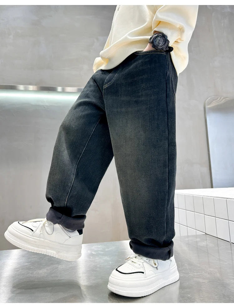 Retro Dark Blue Winter Warm Jeans  Thickened Insulated Denim Pants