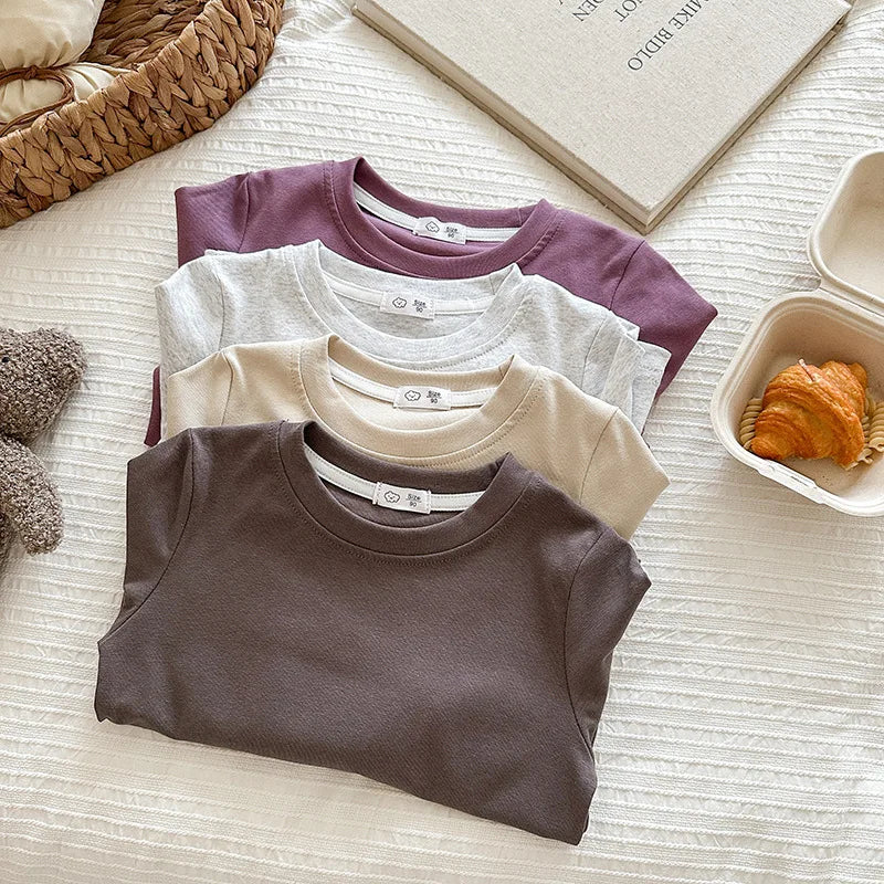 6 Colors Autumn Long Sleeve Tees Children's T-shirt Cotton Solid Color Base Coat Leisure Wear Boys Girls Tops Kids Clothes
