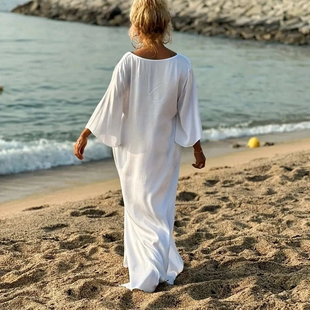 Plus Size Women's White V-Neck Batwing Sleeve Loose Maxi Dress
