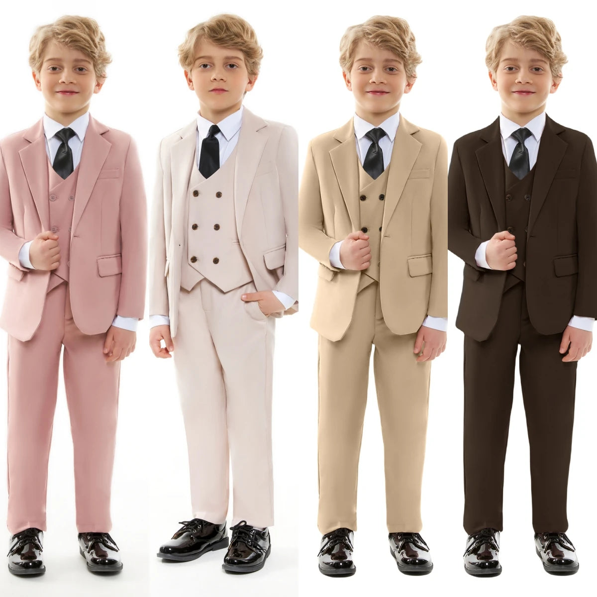 Beige Boy's Formal Suit Set, 4 Pieces Regular Fit Kids Smart Prom Suits, Jacket Vest Pants Tie Classy Solid Tuxedo For Wedding