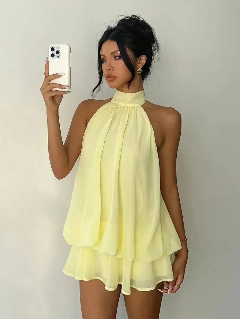Halter Neck Backless Tie Mini Dress