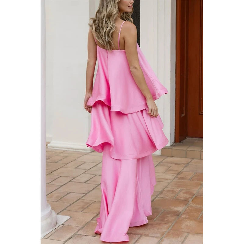 Multicolored Pleated  Maxi Dress  Spaghetti Strap Ruffle Tiered Flowy