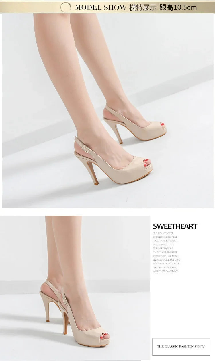 high-heeled women's nude color patent leather waterproof platform fish mouth