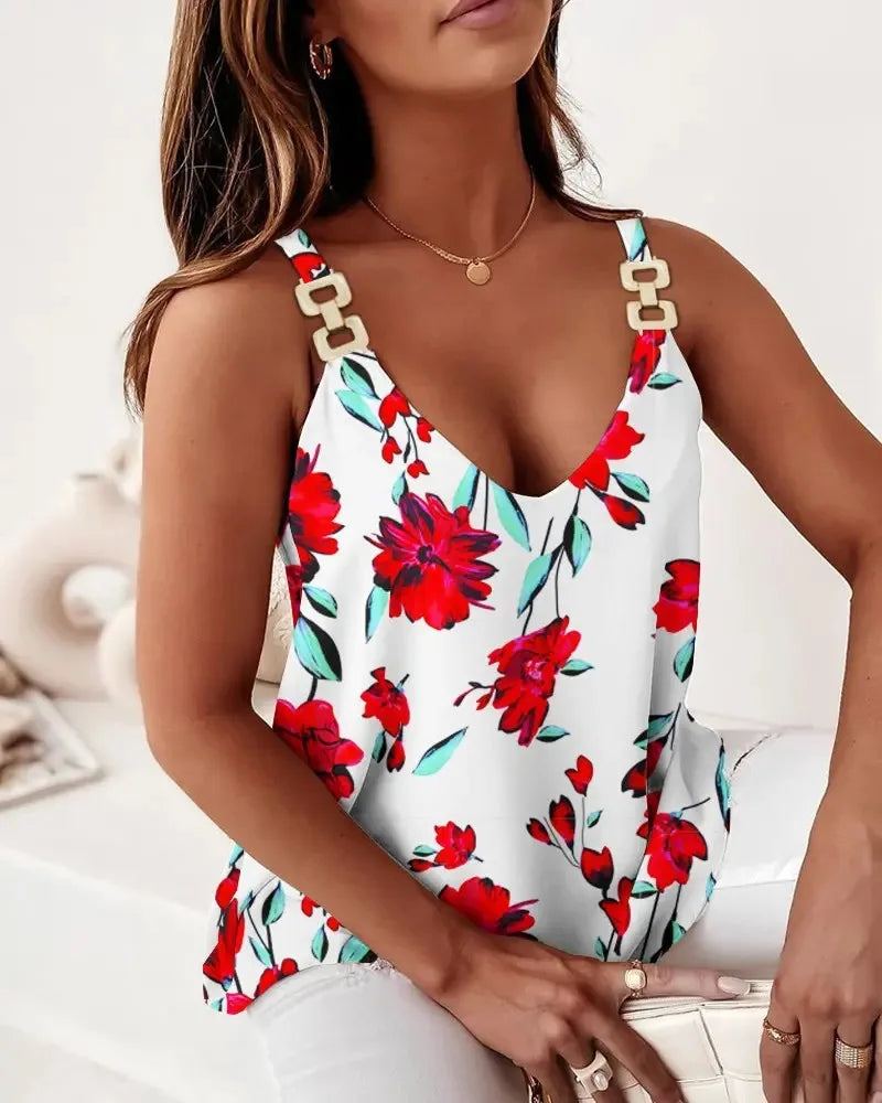 Striped Sleeveless Tank Top V Neck Cami With Chain Shoulder Straps