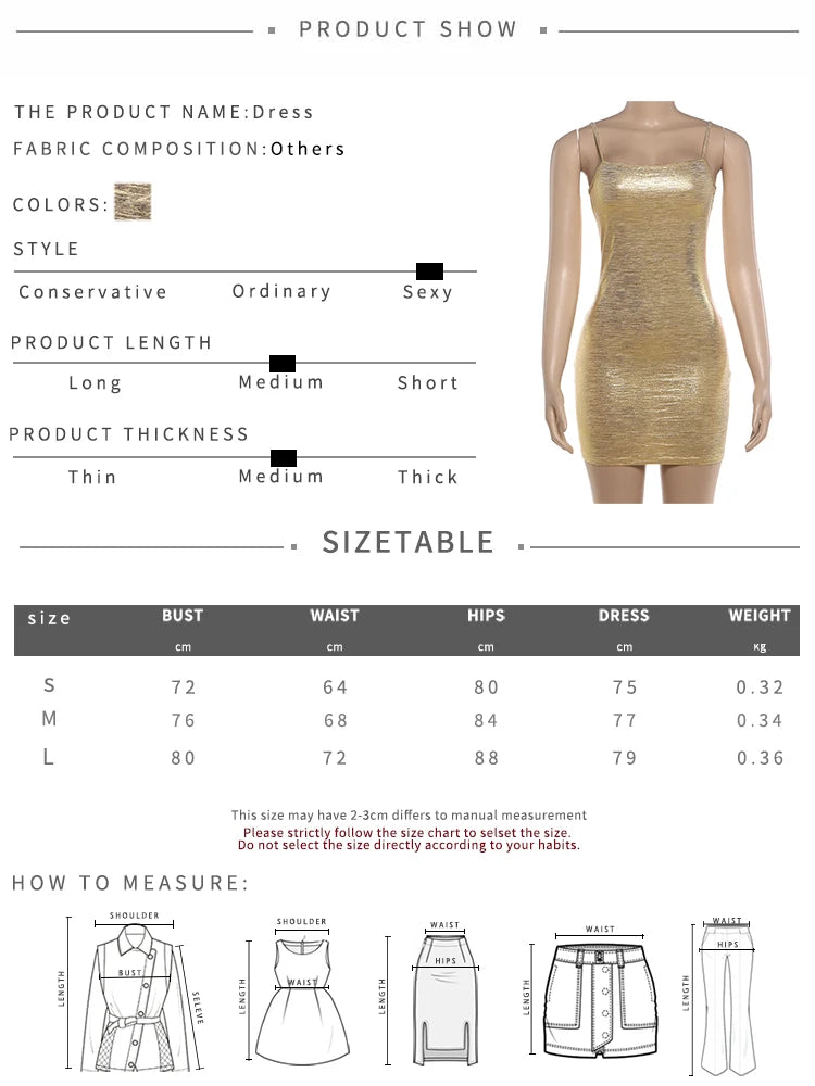 Shiny Gold Sling Dress  Low-Neck Backless Sleeveless