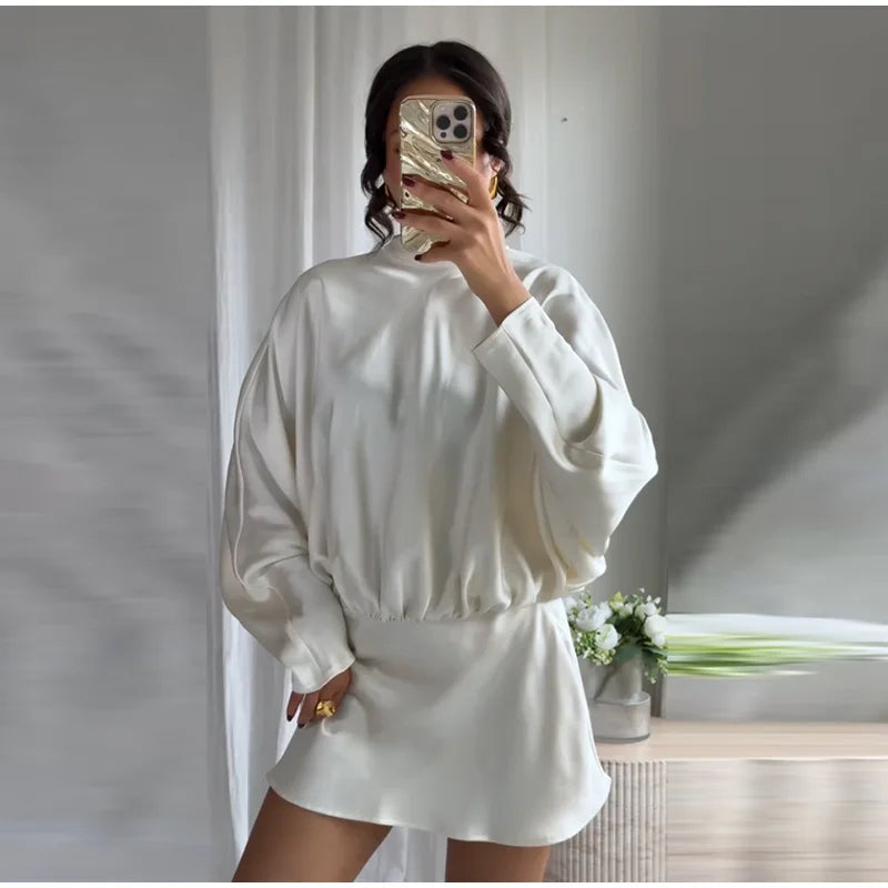 Satin Mini Dress  Scarf Collar Batwing Sleeve