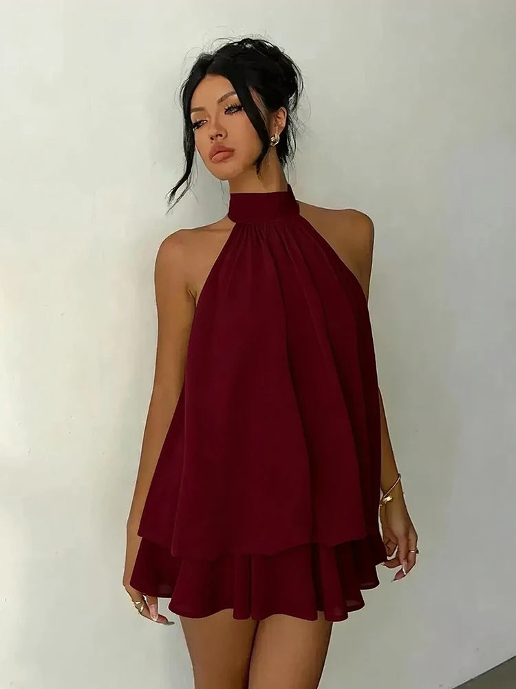 Halter Neck Backless Tie Mini Dress