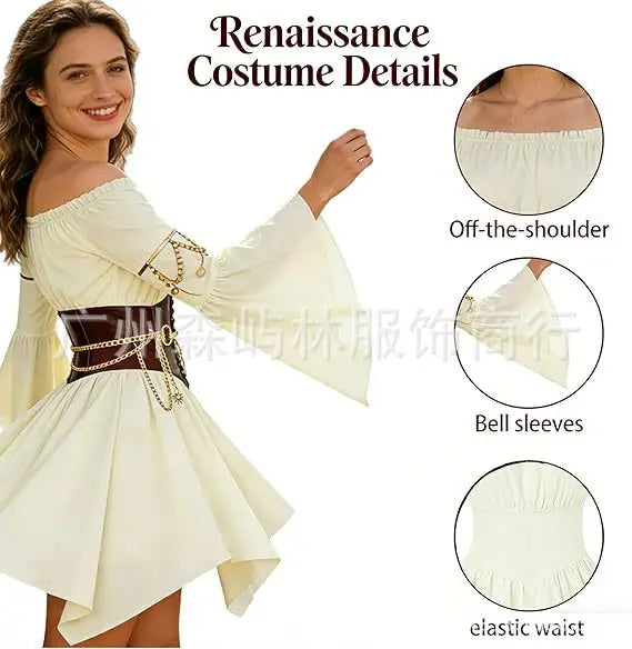 Women's Dress Suit Halloween Renaissance Medieval Pirate Dress Off-the-Shoulder Flared-Sleeve