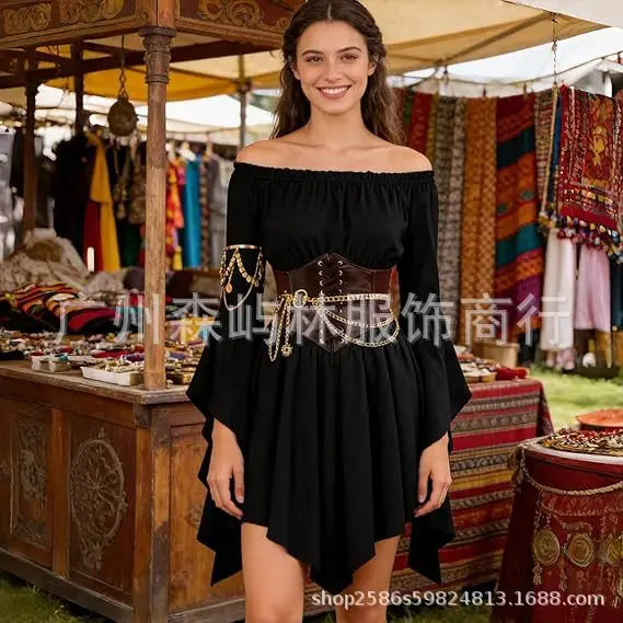 Women's Dress Suit Halloween Renaissance Medieval Pirate Dress Off-the-Shoulder Flared-Sleeve