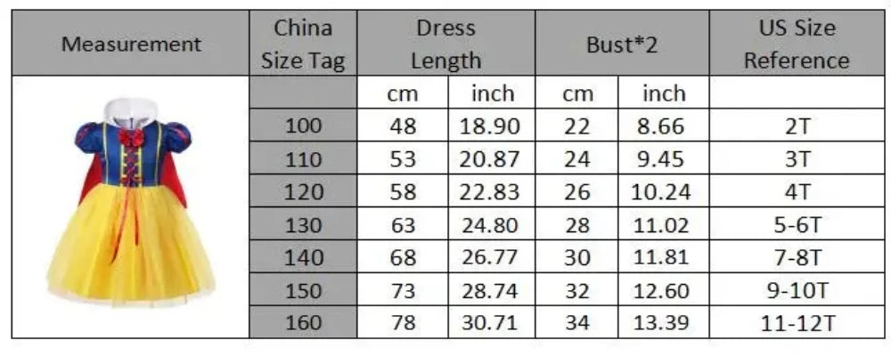Snow White Princess Dress Girls Halloween Party Costume Role Play Outfit for Toddler Kid Children Cartoon Fancy Cosplay Clothing
