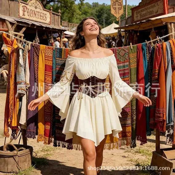 Women's Dress Suit Halloween Renaissance Medieval Pirate Dress Off-the-Shoulder Flared-Sleeve