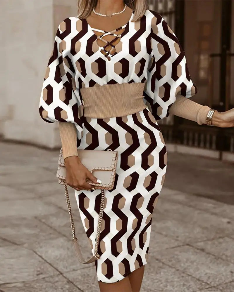 Maze Printed Long Sleeved Slim Fit Dress