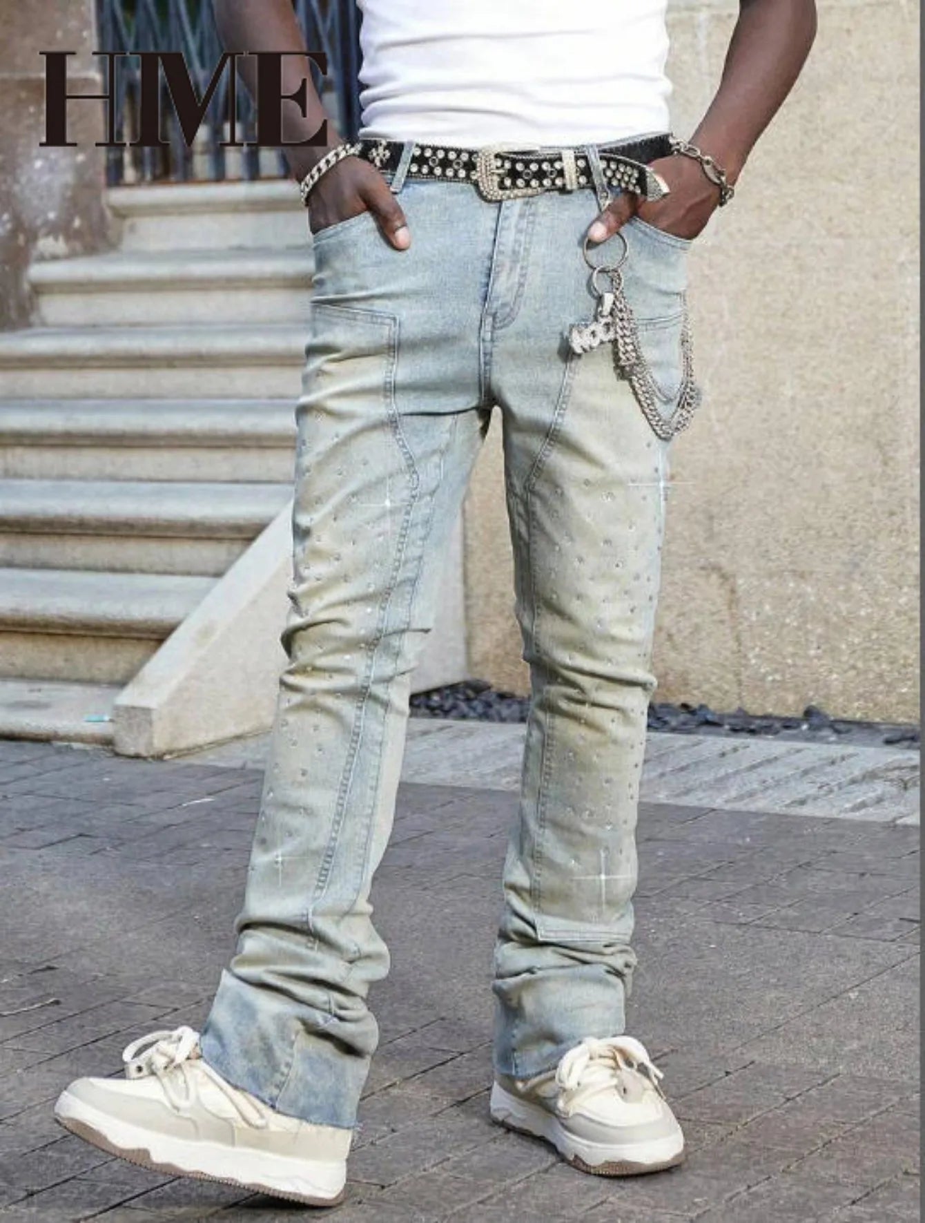 【HME】Men's jeans | Rhinestone Embellished Stacked Flare Denim pants for men, light vintage washed denim trousers with full‑body hot‑fix rhinestones, contrast stitching, multi‑pocket construction fashion streetwear m