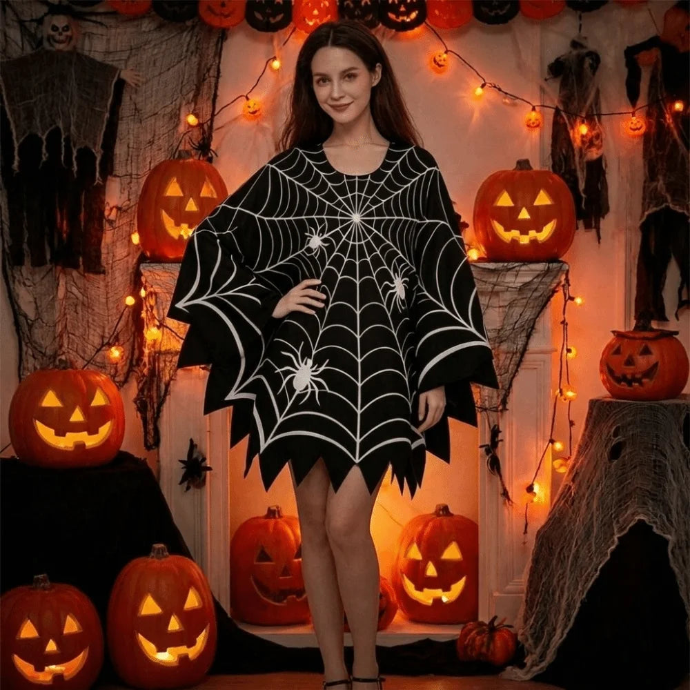 Cosplay Costume Scary Halloween Spider Web Cloak Creepy Black Shawl Poncho Cape Cosplay Party Costume Carnival Costume