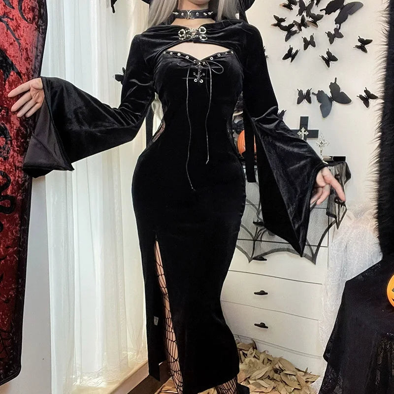 Halloween Costume Women Batwing Sleeve Floor Dress Black Gothic Evil Terror
