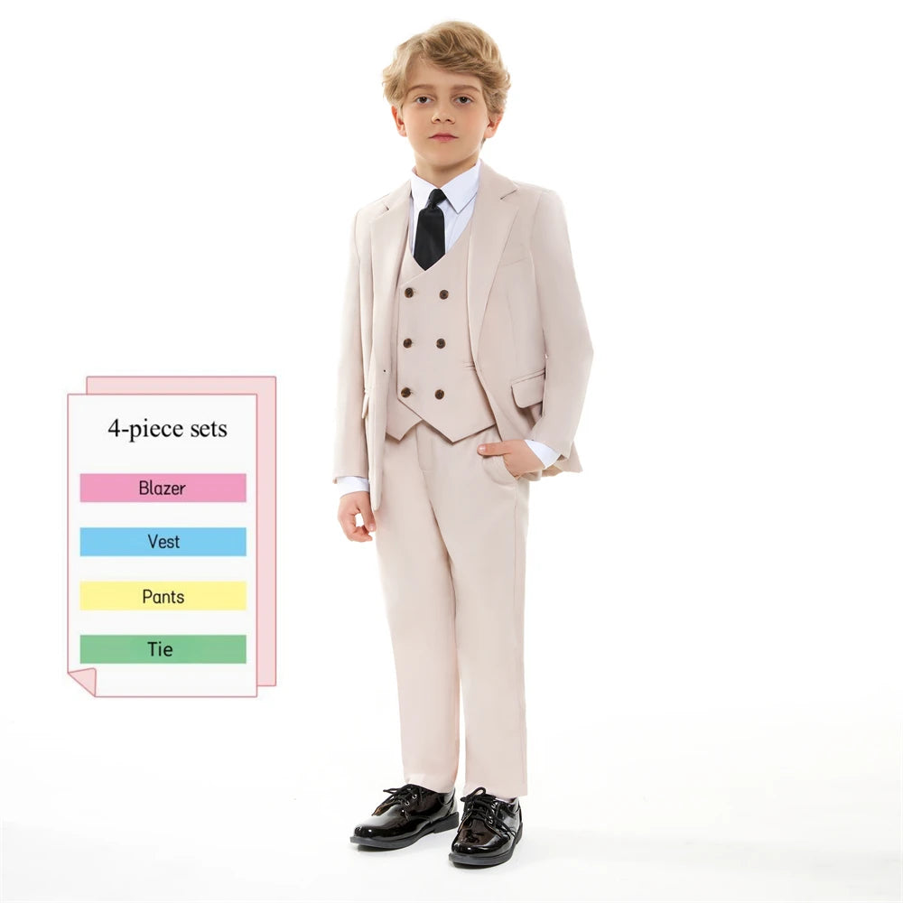 Beige Boy's Formal Suit Set, 4 Pieces Regular Fit Kids Smart Prom Suits, Jacket Vest Pants Tie Classy Solid Tuxedo For Wedding