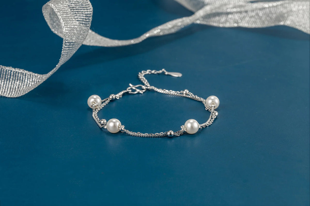 925 Sterling Silver Bracelet Double Chain Pearl Beads