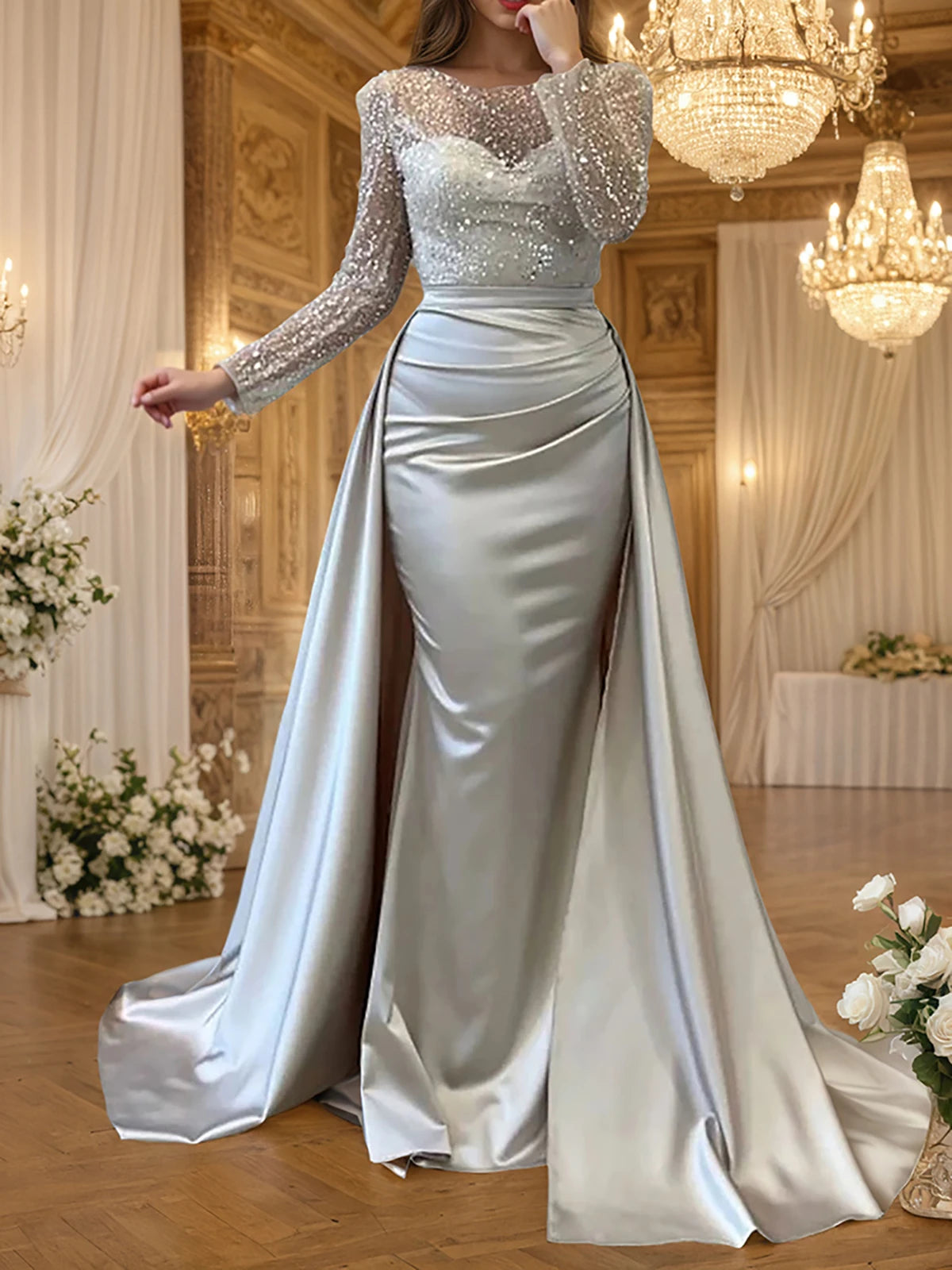 Sequin Evening Crew Neck Gold Long Sleeve Ruched Tiered Bodycon Dress