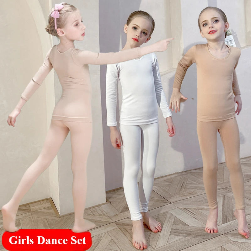 Spring Autumn Dancewear Kids Thermal Underwear Stretchy Girls Tight Underwear 2-14 Years Thin Base Performances Teen Clothes Set