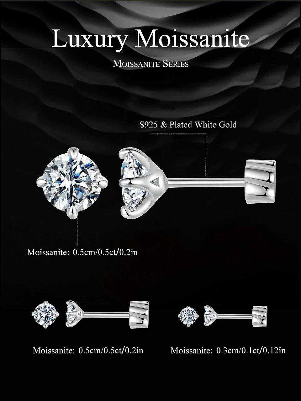Classic Moissanite Earrings, 925 Silver Brilliant 4 Prongs Round Cut