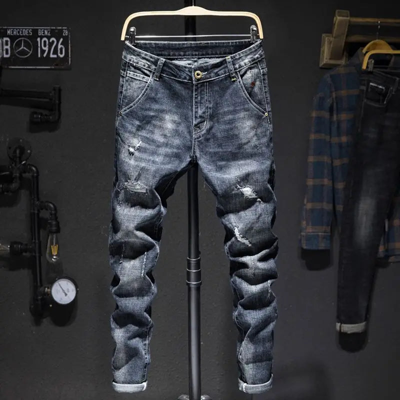 Elastic Straight Jeans Men Ripped Worn-out Slim-fit